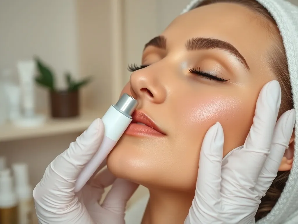 Kobieta podczas peelingu kawitacyjnego w gabinecie kosmetycznym, kosmetolog przykłada szpatułkę ultradźwiękową do policzka.