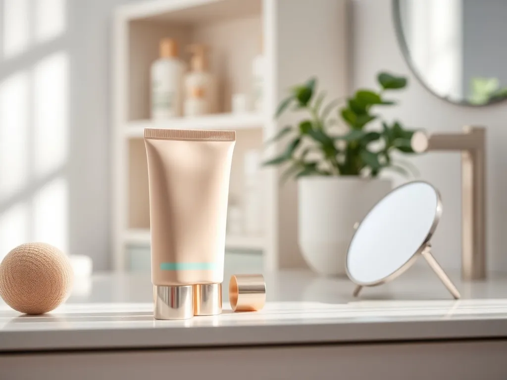 Beżowa i miętowa tubka kremu BB i CC na toaletce obok gąbeczki i lusterka, w jasnej, minimalistycznej łazience.