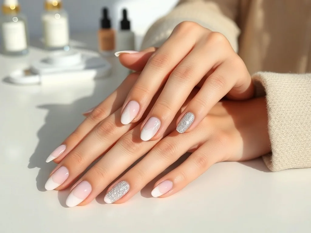 Dłonie z modnym manicure: pastelowy gradient, minimalistyczne linie i delikatny brokatowy akcent na jednym paznokciu.