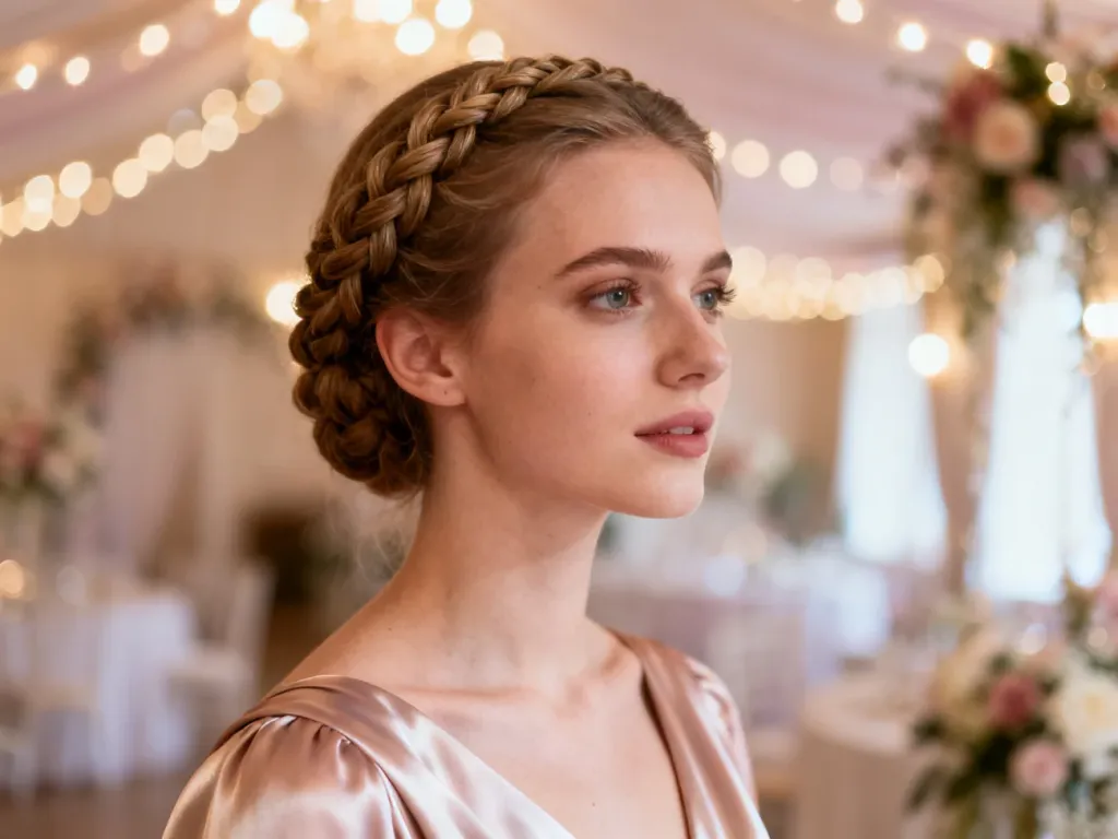 Eleganckie upięcie z warkoczem u kobiety w jedwabnej sukni na tle romantycznej sali weselnej.