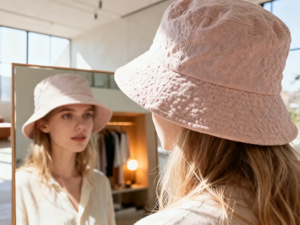 Stylowa kobieta w modnym kapeluszu typu bucket przegląda się w lustrze w nowoczesnym, minimalistycznym wnętrzu.