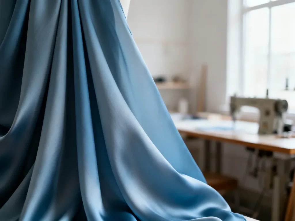 Zbliżenie na miękką, połyskującą tkaninę rayon o eleganckim splocie, podkreślające jej lekkość i szlachetną fakturę.