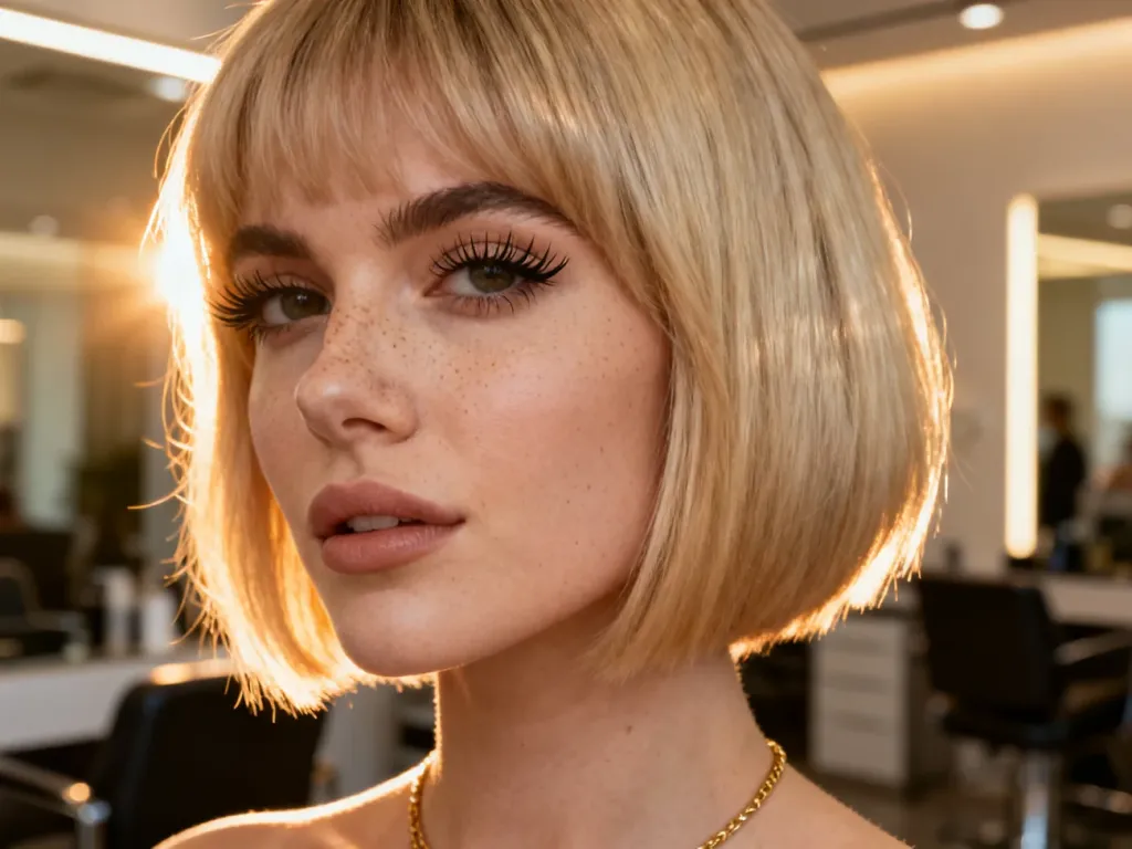 Kobieta z nowoczesną fryzurą typu bob w odcieniu jasnego blondu, prezentująca modną stylizację włosów w salonie fryzjerskim.
