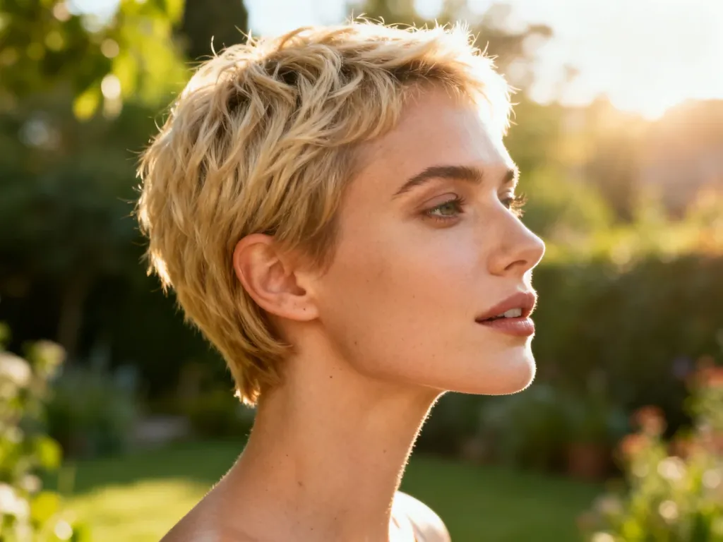 Kobieta z modną, krótką fryzurą typu pixie w odcieniu blond, prezentująca się w letniej, słonecznej scenerii ogrodu.