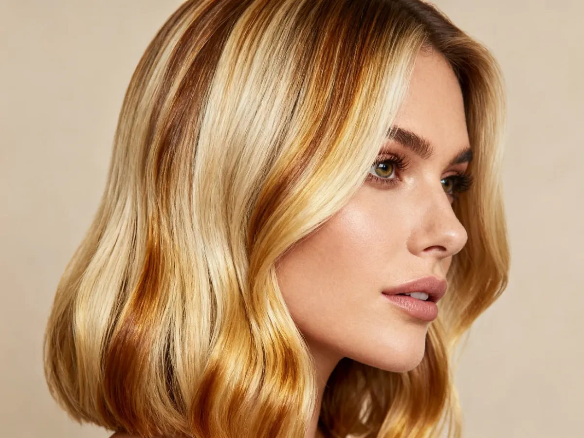 Kobieta z wielowymiarowym blondem syrup blond i miękkimi refleksami