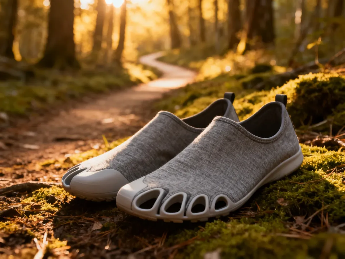 Minimalistyczne buty z palcami na mchu w lesie, podkreślające naturalny kontakt stopy z podłożem podczas biegania.