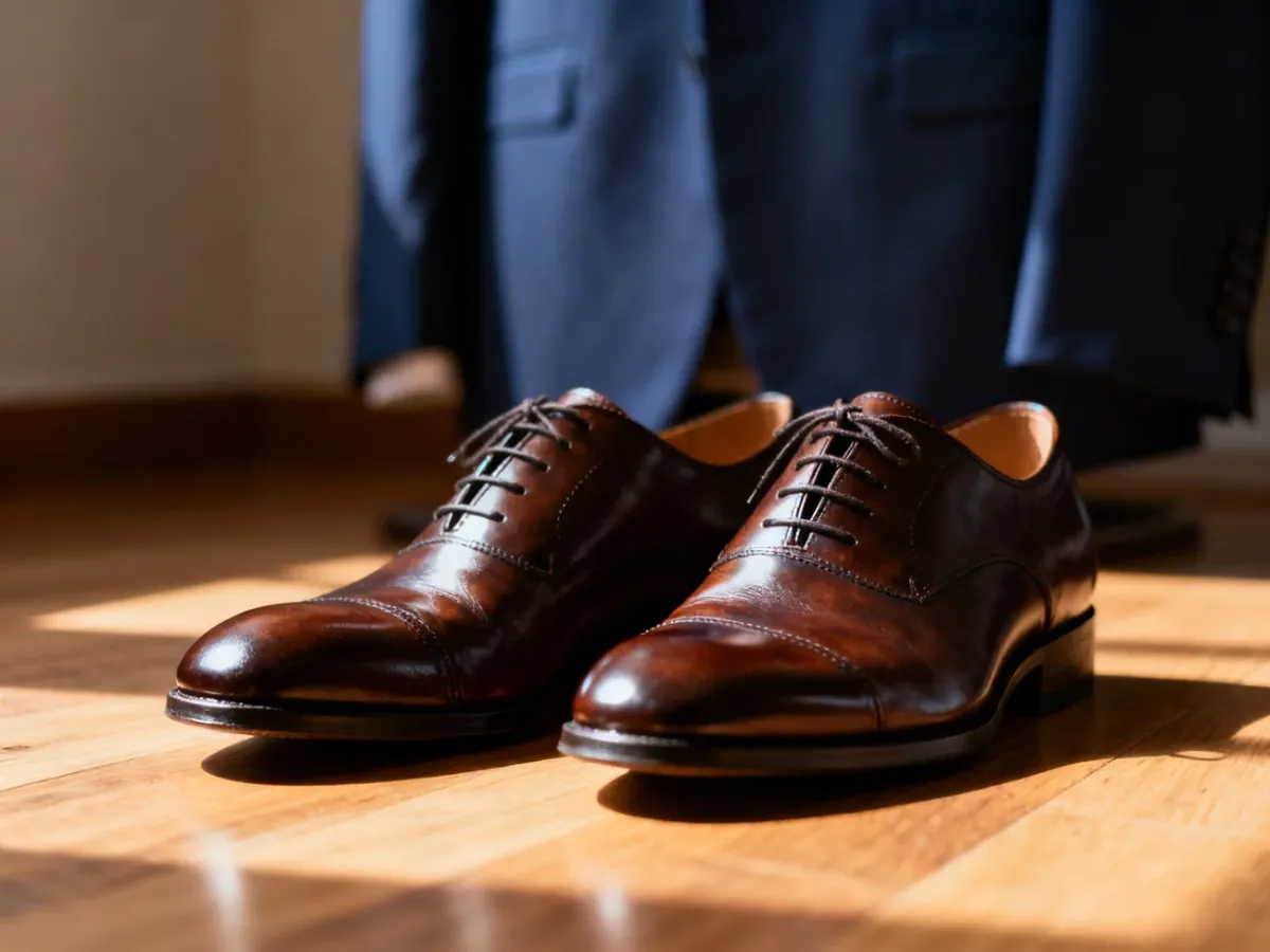 Eleganckie, ciemnobrązowe buty typu oksford na drewnianym podłożu, idealnie pasujące do granatowego garnituru.