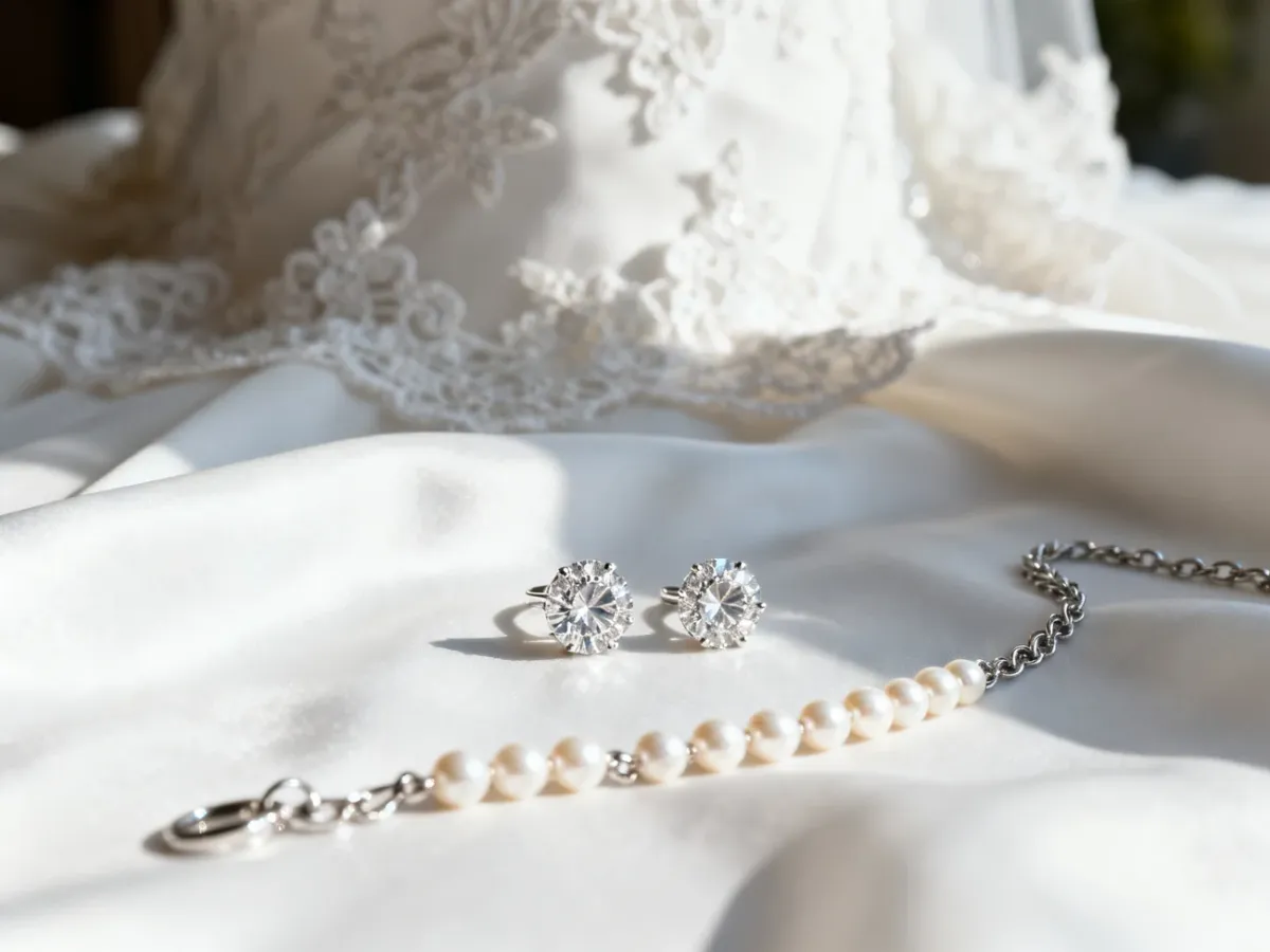 Elegancki zestaw biżuterii ślubnej z diamentowymi kolczykami i perłowym naszyjnikiem na tle koronkowej sukni.