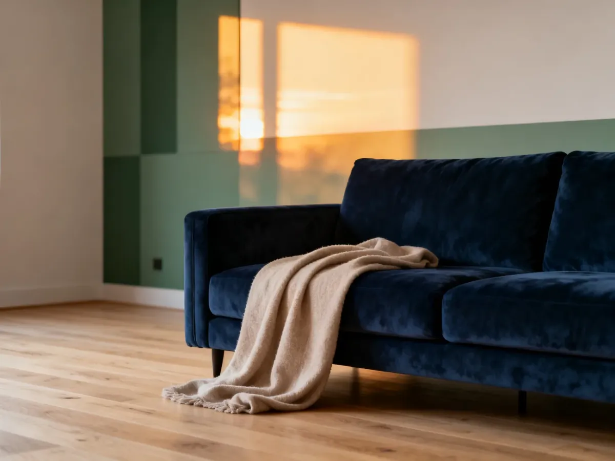 Granatowa sofa na tle beżowych ścian i jasnego drewna, prezentująca eleganckie połączenie kolorystyczne w salonie.