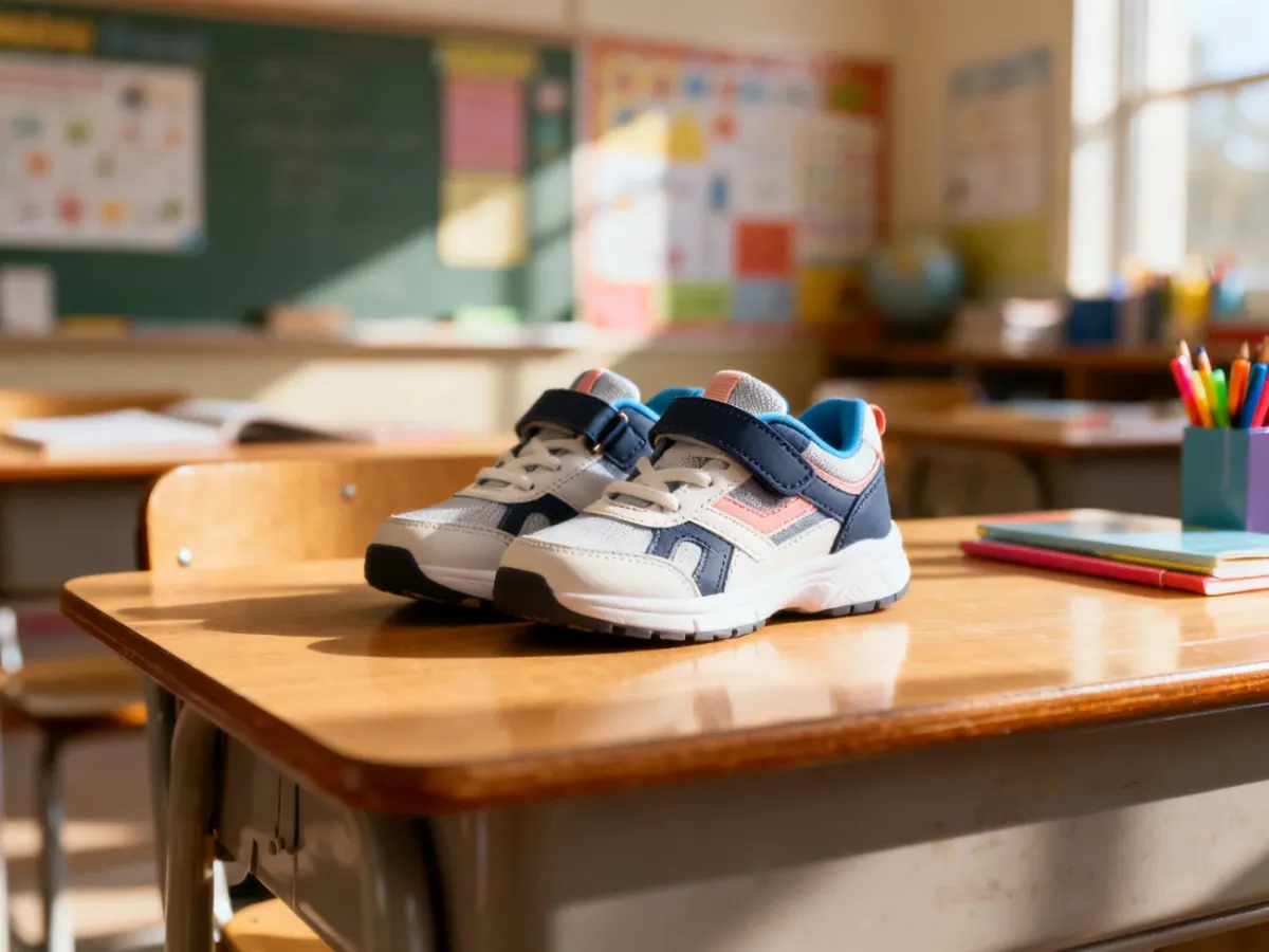 Wygodne dziecięce sneakersy na szkolnej ławce w słonecznej klasie, idealne jako obuwie na co dzień do szkoły.