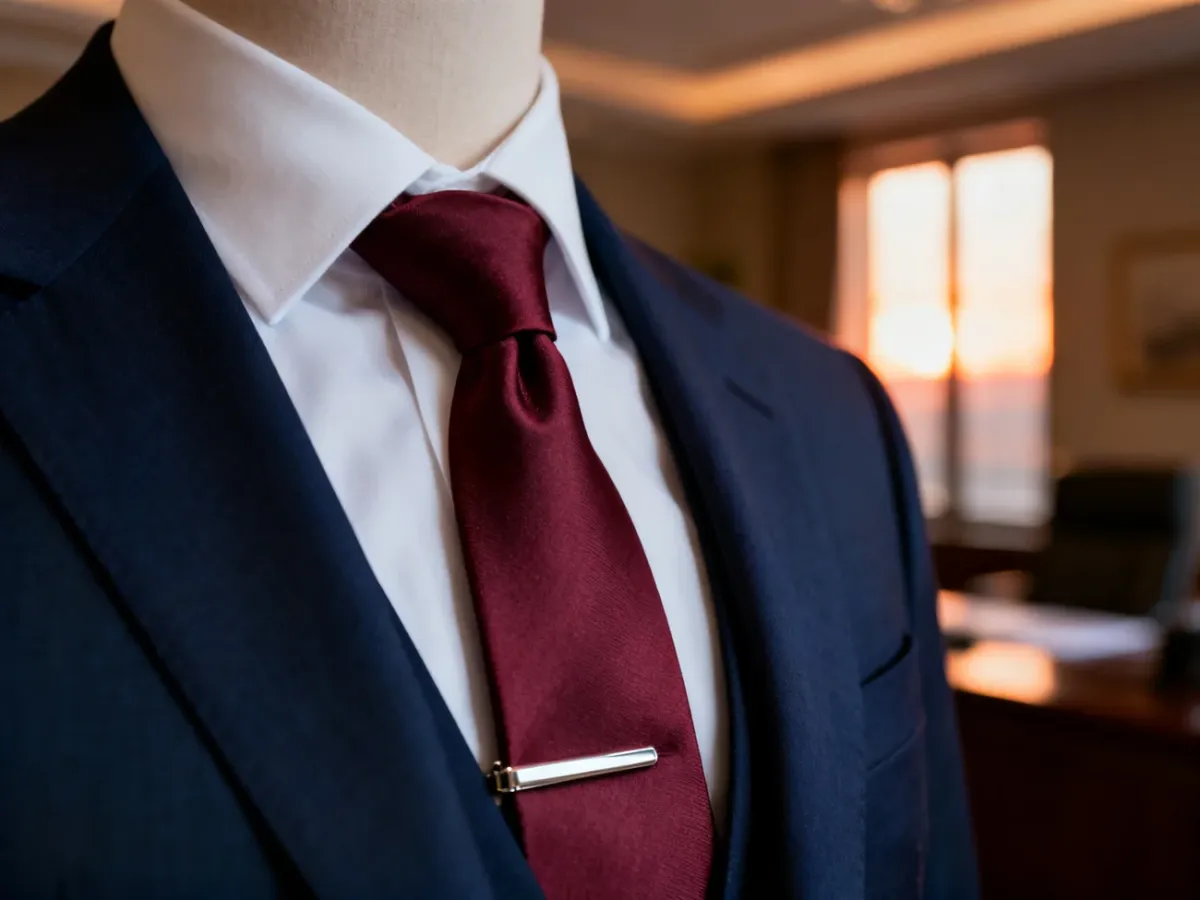 Elegancki bordowy krawat z metalową spinką, zestawiony z granatową marynarką i białą koszulą.