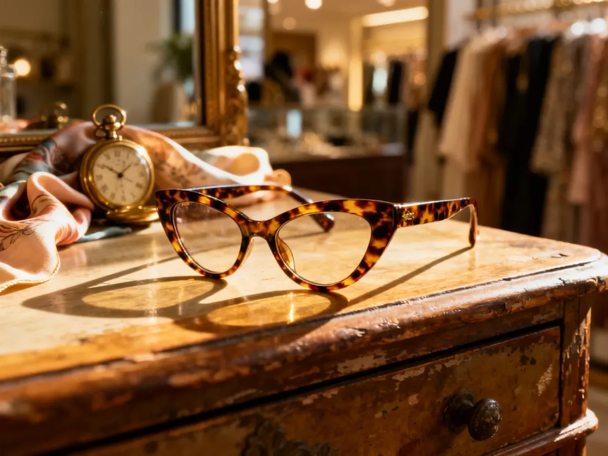 Okulary typu kocie oczy w szylkretowych oprawkach leżące na drewnianym stole w otoczeniu dodatków w stylu vintage.