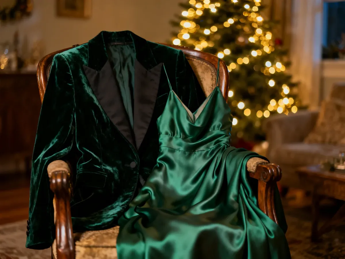 Elegancka aksamitna marynarka i jedwabna sukienka przygotowane na święta w przytulnym, świątecznym wnętrzu.