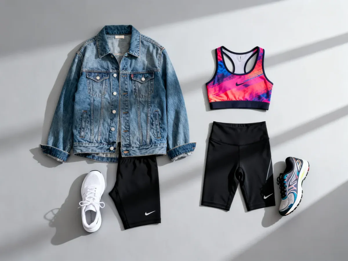 Zestawienie czarnych kolarek z jeansową kurtką i sneakersami oraz sportowym topem, prezentujące codzienne i sportowe stylizacje.