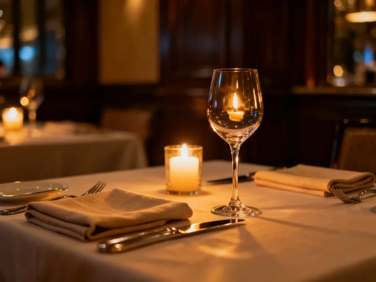 Elegancko nakryty stół w restauracji z lśniącymi sztućcami i kieliszkiem, tworzący atmosferę idealną na uroczysty obiad.