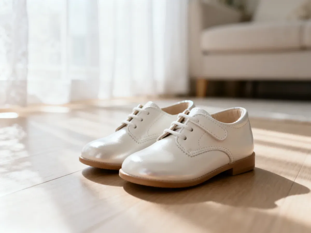 Eleganckie, białe lakierowane buty komunijne ustawione na drewnianej podłodze w jasnym, słonecznym wnętrzu.