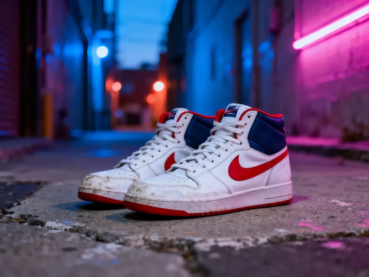 Kultowe wysokie sneakersy w stylu lat 80. w kolorystyce bieli, czerwieni i granatu na tle miejskiej uliczki w neonach.