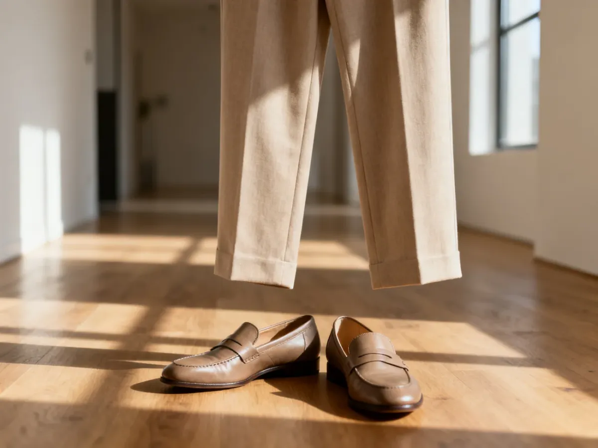 Beżowe spodnie do kostek zestawione z eleganckimi mokasynami w minimalistycznym, słonecznym wnętrzu.
