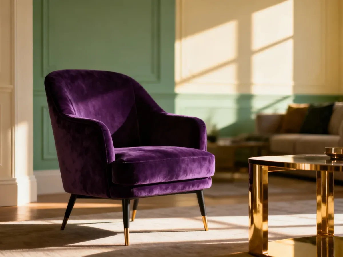 Elegancki fioletowy fotel w salonie zestawiony z szałwiową zielenią i złotymi akcentami, tworzący stylową aranżację wnętrza.