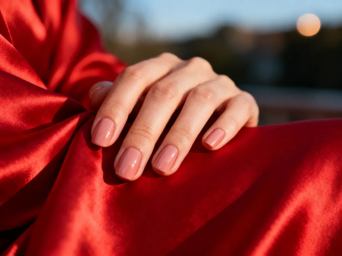 Dłoń z eleganckim manicure w kolorze nude, spoczywająca na czerwonej jedwabnej sukience.