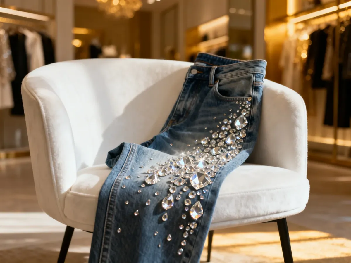 Eleganckie jeansy z cyrkoniami wyeksponowane na białym krześle w stylowym butiku. Detale tkaniny i blask zdobień.