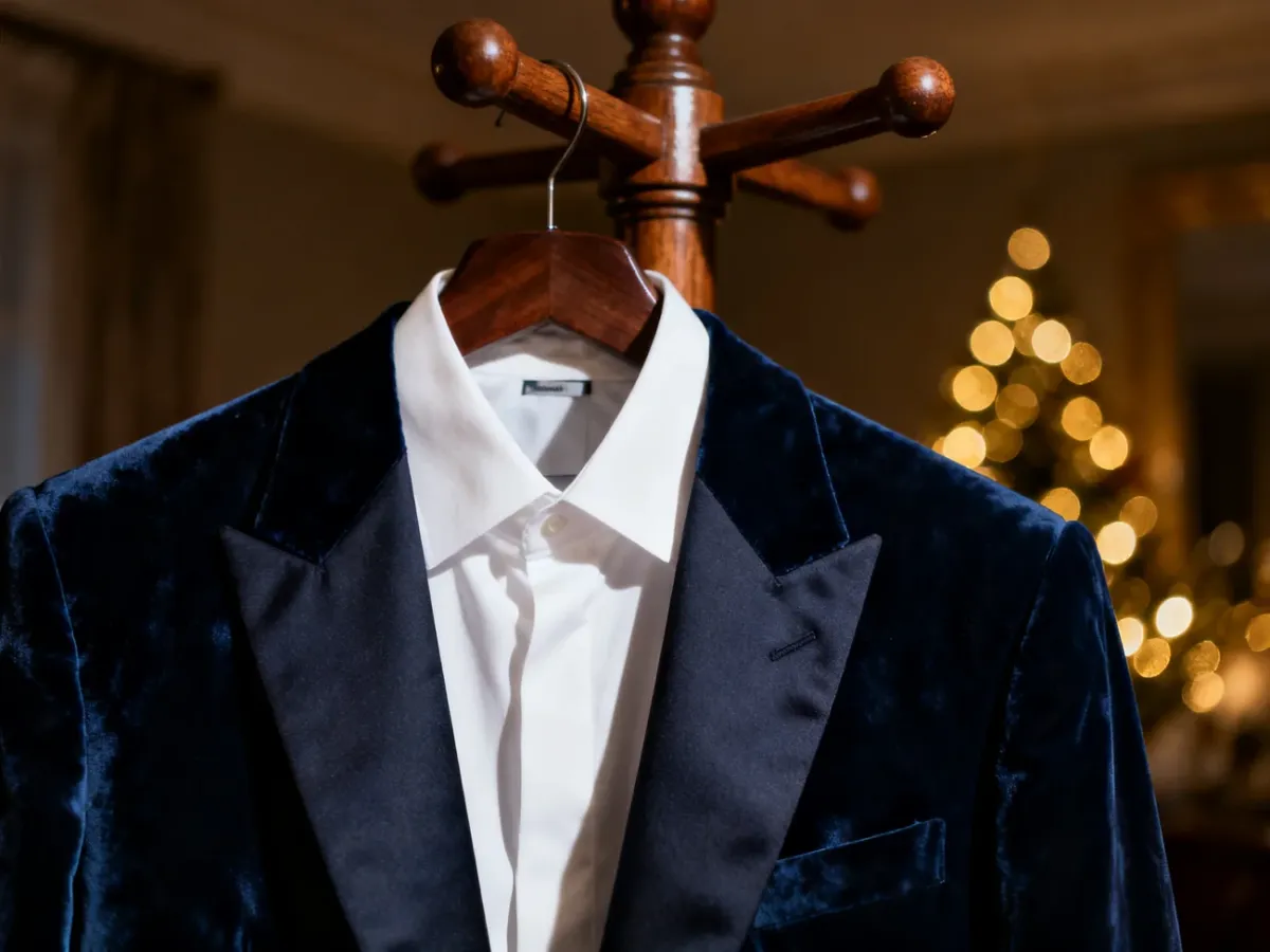 Elegancka granatowa marynarka z weluru i biała koszula na drewnianym wieszaku, przygotowane na wieczorowe wyjście andrzejkowe.