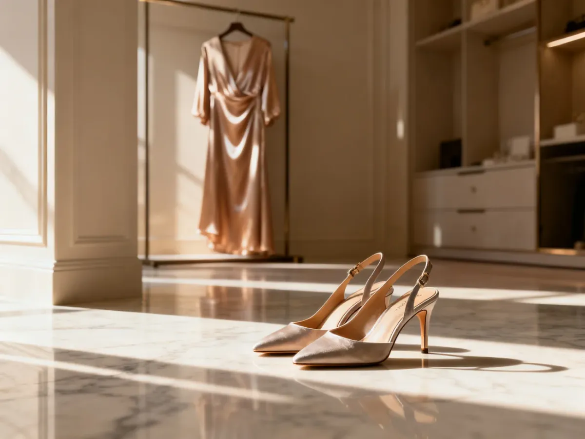 Eleganckie buty z odkrytą piętą na marmurowej podłodze w słonecznej, stylowej garderobie.