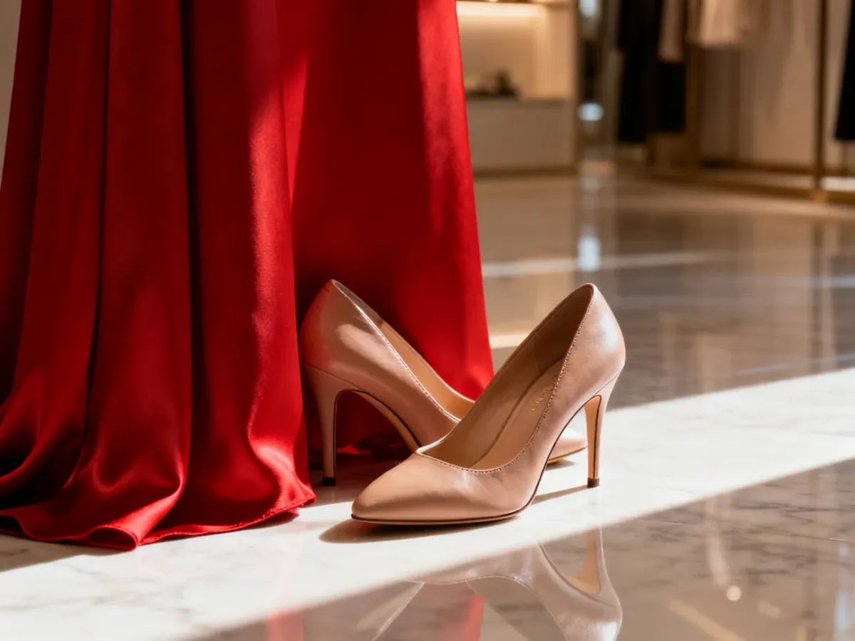 Eleganckie buty na obcasie w odcieniu nude zestawione z czerwoną sukienką na marmurowym podłożu.