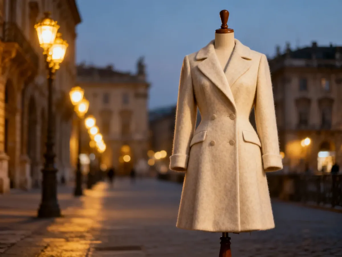 Elegancki wełniany płaszcz w stylu lat 50. na drewnianym manekinie na tle nastrojowej europejskiej ulicy o zmierzchu.