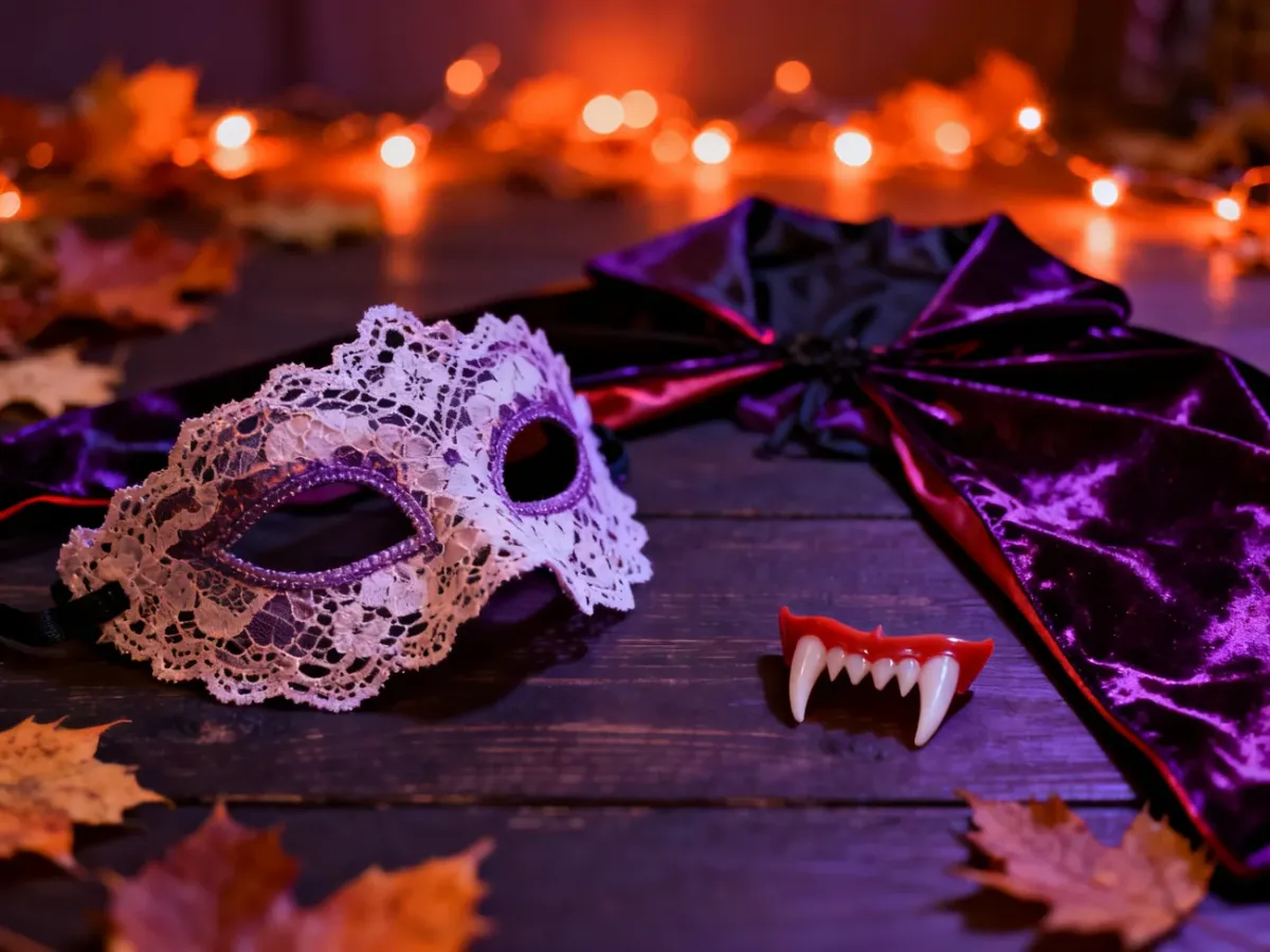 Akcesoria do kostiumów na Halloween, takie jak koronkowa maska, peleryna i sztuczne kły, ułożone na ciemnym, nastrojowym tle.