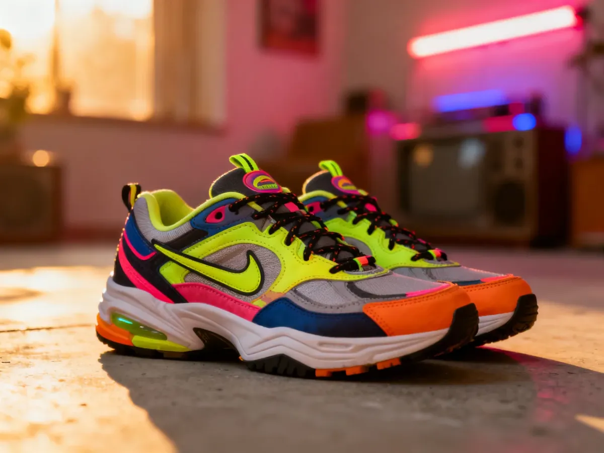 Klasyczne, masywne sneakersy w stylu lat 90. z neonowymi akcentami na minimalistycznym betonowym tle.