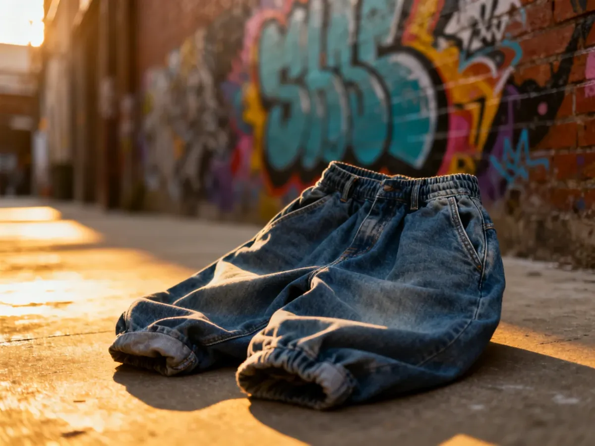 Luźne jeansowe spodnie w stylu streetwear leżące na betonowym podłożu na tle kolorowego graffiti.