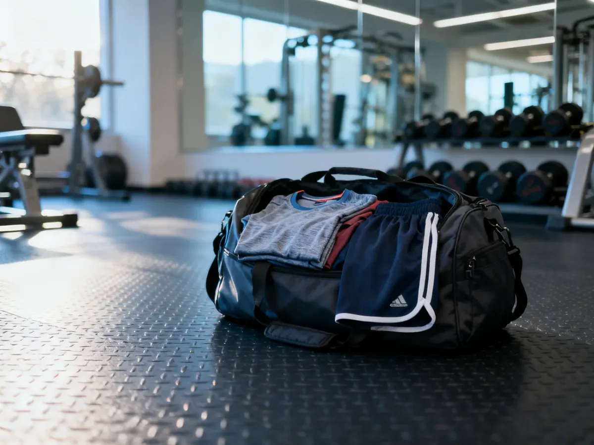 Profesjonalna torba sportowa z odzieżą treningową na podłodze siłowni, gotowa do intensywnego treningu.
