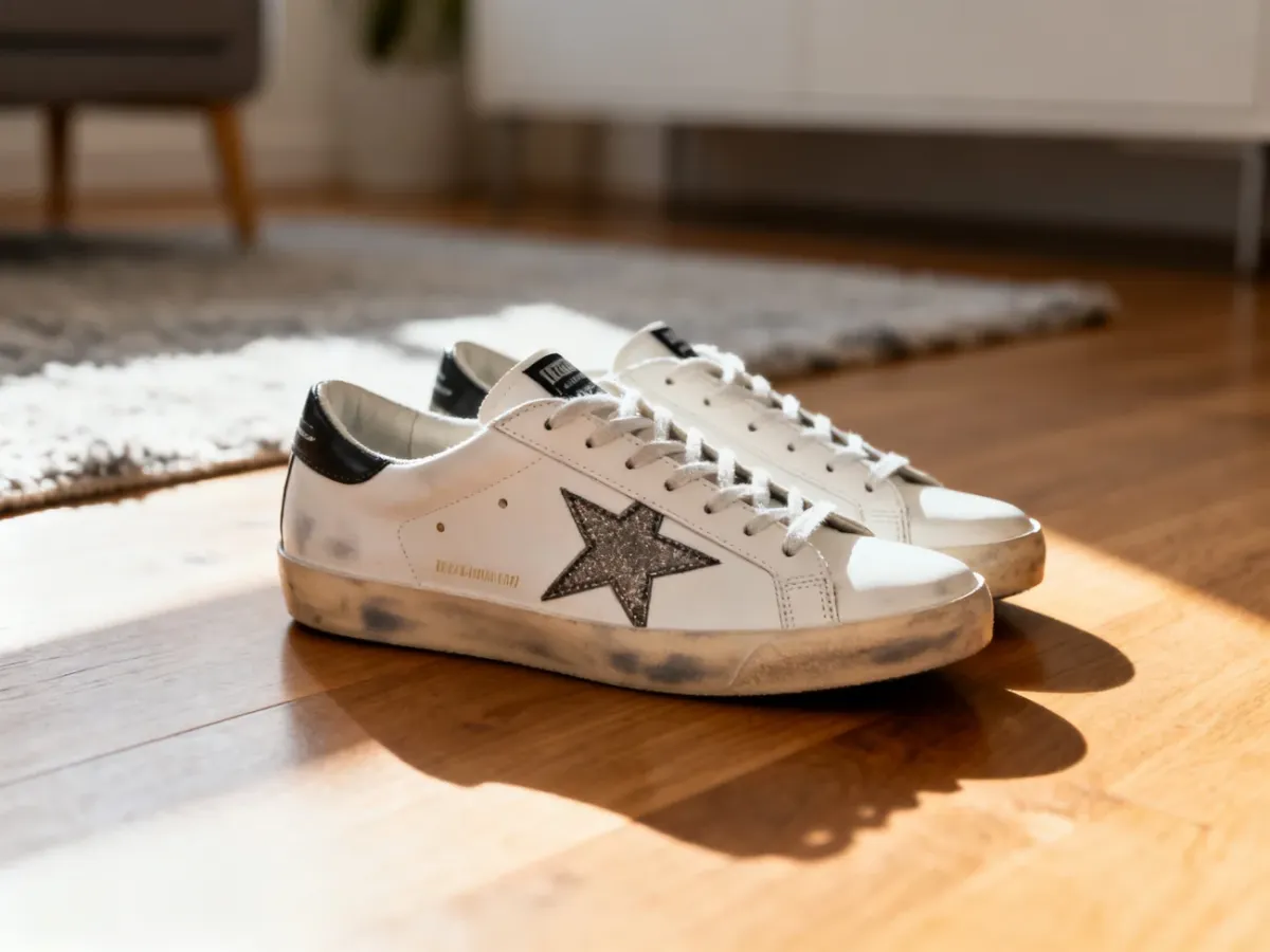Białe sneakersy z motywem gwiazdki na drewnianej podłodze w słonecznym, minimalistycznym wnętrzu.