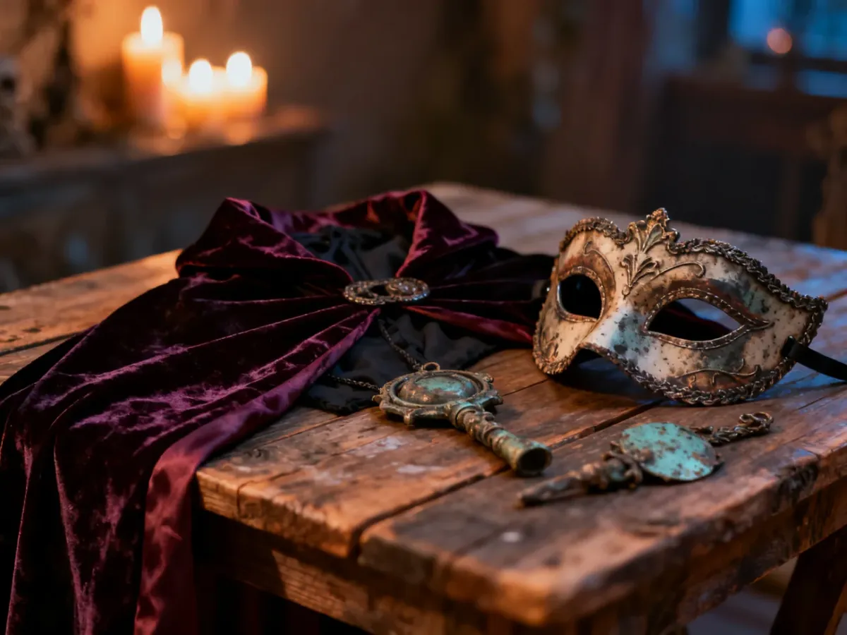 Ręcznie wykonana aksamitna peleryna i maska karnawałowa na drewnianym stole w nastrojowym, halloweenowym klimacie.