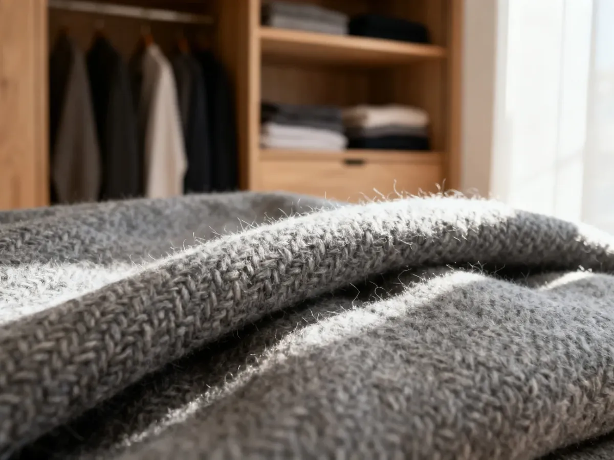 Zbliżenie na fakturę wysokiej jakości szarej wełny, podkreślające elegancję i naturalny splot materiału.