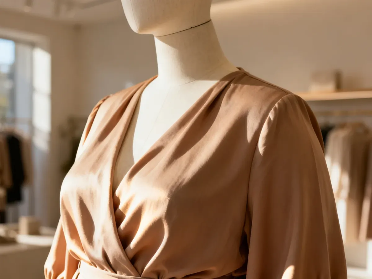 Zbliżenie na eleganckie tkaniny odzieży plus-size prezentowanej na manekinie w słonecznym, butikowym wnętrzu.