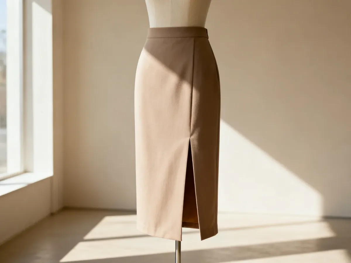 Elegancka spódnica midi z rozcięciem wyeksponowana na manekinie w nowoczesnym, jasnym wnętrzu.