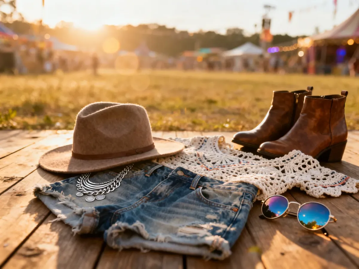 Stylizacja festiwalowa w stylu boho: jeansowe szorty, szydełkowy top, kapelusz i botki na tle słonecznego pola.