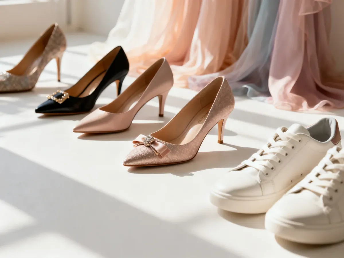 Różnorodne modele butów, od szpilek po eleganckie sneakersy, zestawione z pastelowymi sukienkami w tle.