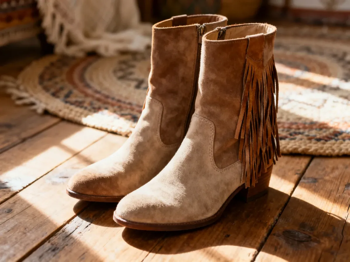 Zamszowe botki z długimi frędzlami na drewnianej podłodze w przytulnym wnętrzu w stylu boho.