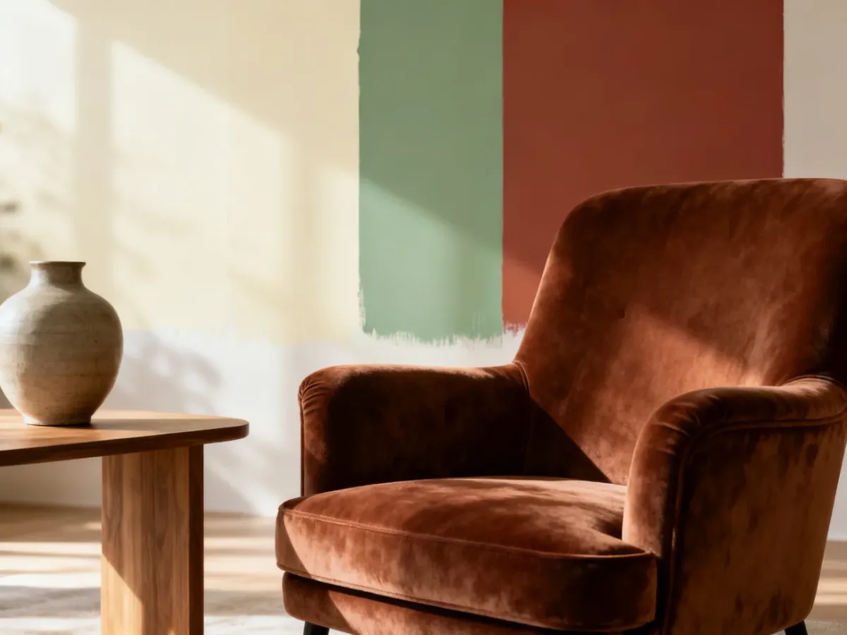 Elegancki salon z brązowym fotelem i próbkami kolorów na ścianie, prezentujący harmonijne połączenia barw z brązem.