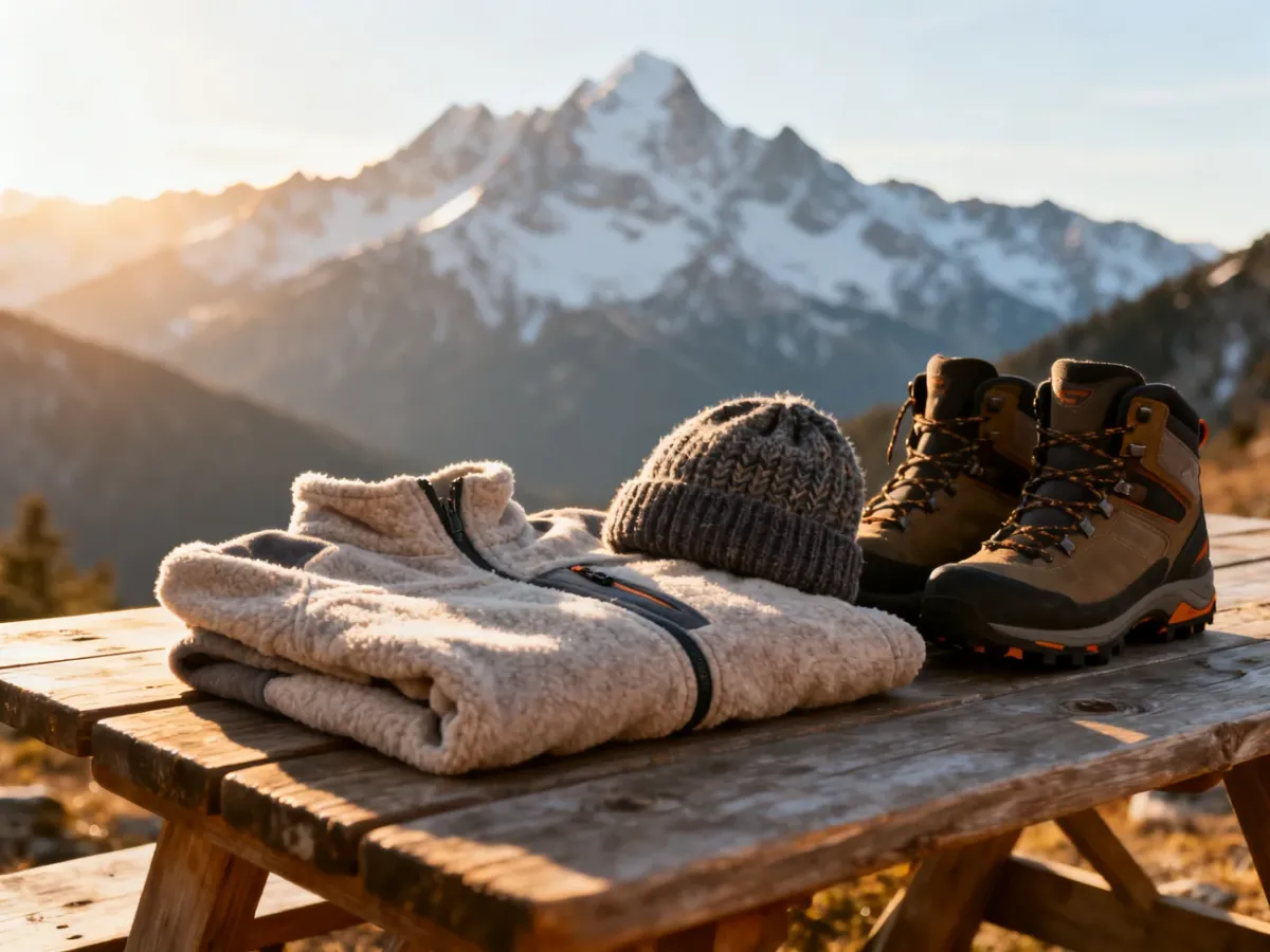 Zestaw odzieży trekkingowej, w tym kurtka, czapka i buty, rozłożony na drewnianym stole na tle ośnieżonych gór.