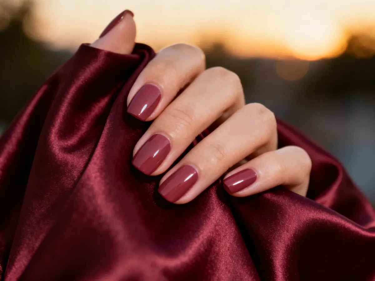 Eleganckie paznokcie w odcieniu nude na tle bordowej tkaniny, idealnie pasujące do wieczorowej stylizacji.