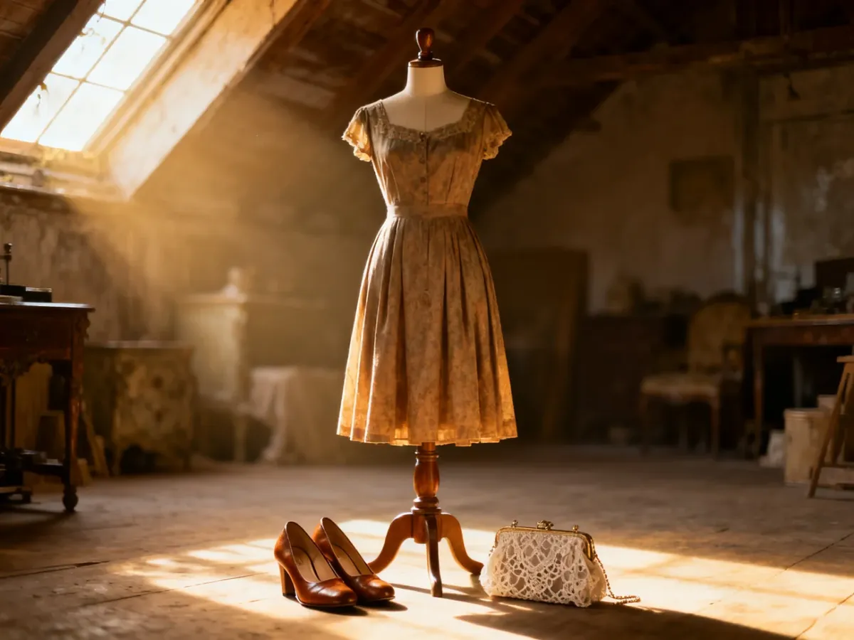 Sukienka midi w stylu retro na manekinie w słonecznym atelier, uzupełniona eleganckimi szpilkami i koronkową torebką.