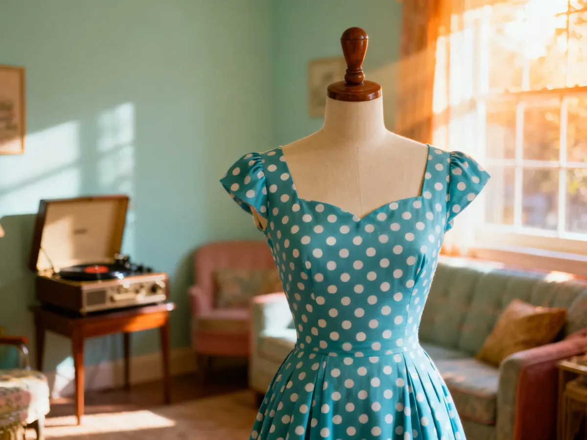 Sukienka w grochy w stylu lat 50. na manekinie w pastelowym, retro wnętrzu, prezentująca klasyczną modę pin-up.