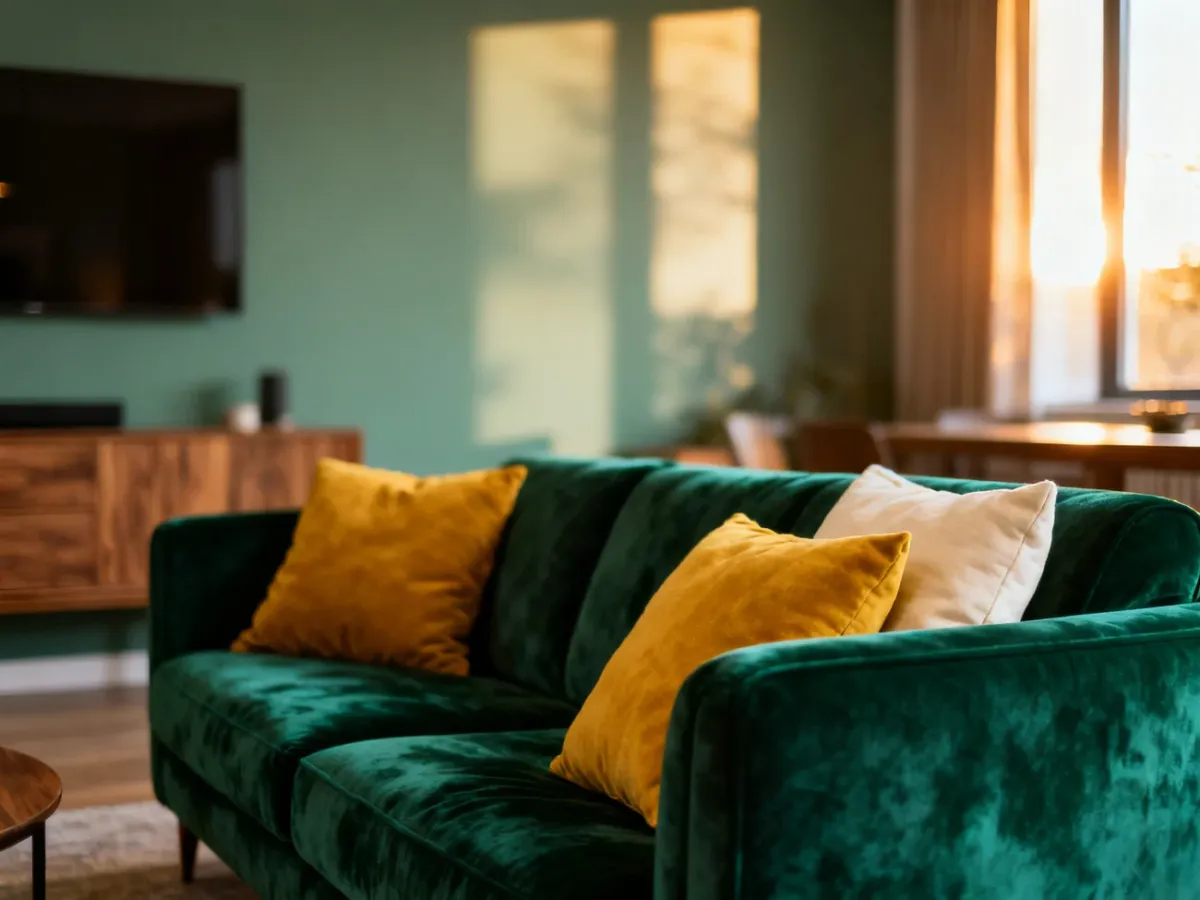 Szmaragdowa sofa z musztardowymi i kremowymi poduszkami w salonie, prezentująca harmonijne połączenie zieleni z ciepłymi barwami.