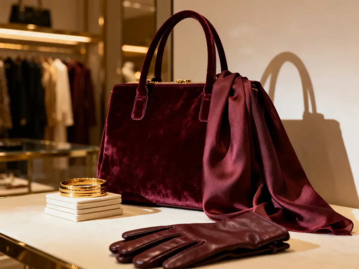 Elegancka kompozycja z burgundową torebką, jedwabną apaszką i złotą biżuterią, prezentująca stylizację w odcieniach głębokiego wina.