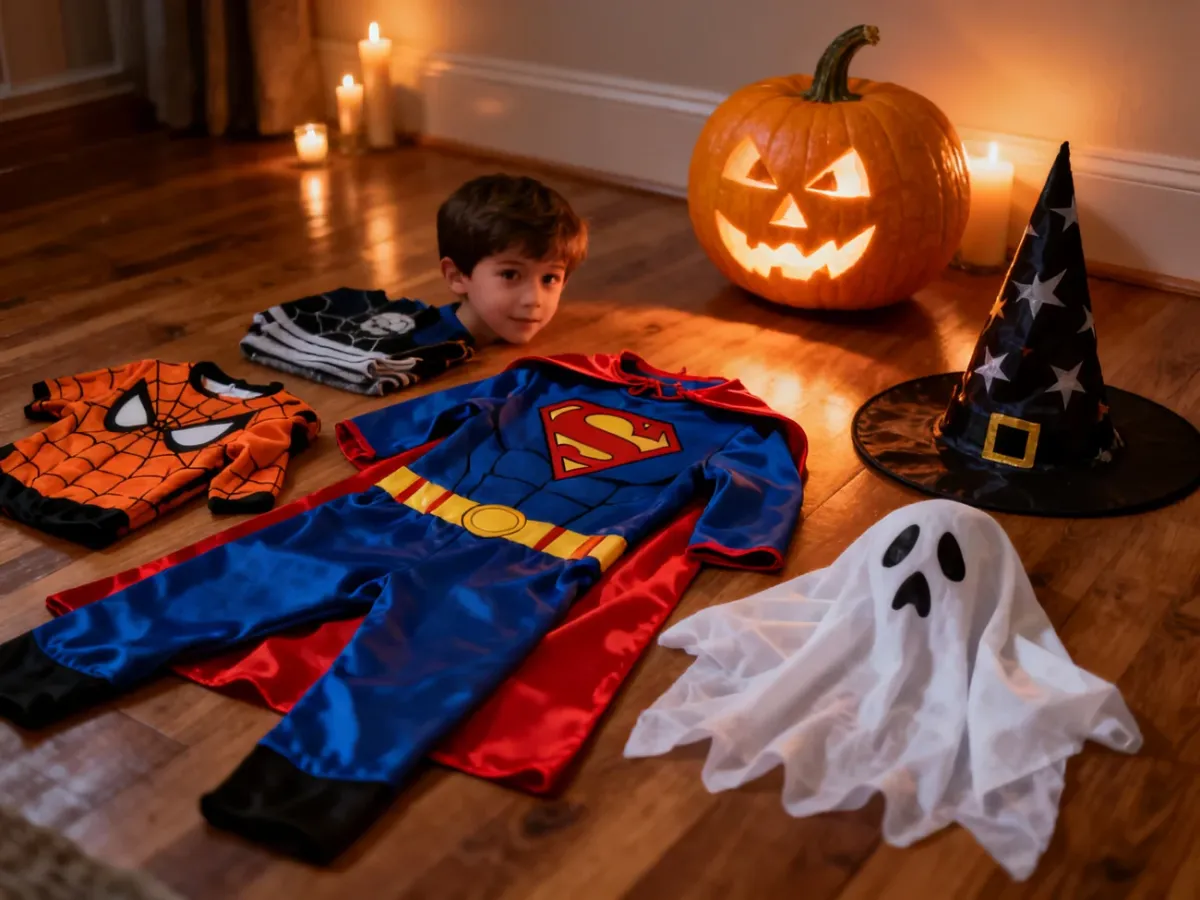 Różnorodne kostiumy na Halloween dla chłopca, takie jak peleryna superbohatera i czapka czarodzieja, obok dyni.
