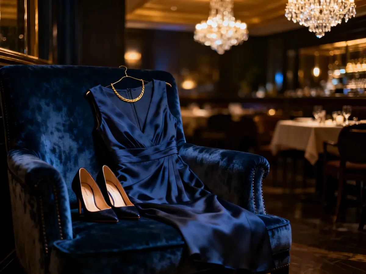 Elegancka sukienka koktajlowa, szpilki i złoty naszyjnik przygotowane na stylizację urodzinową w restauracyjnym klimacie.